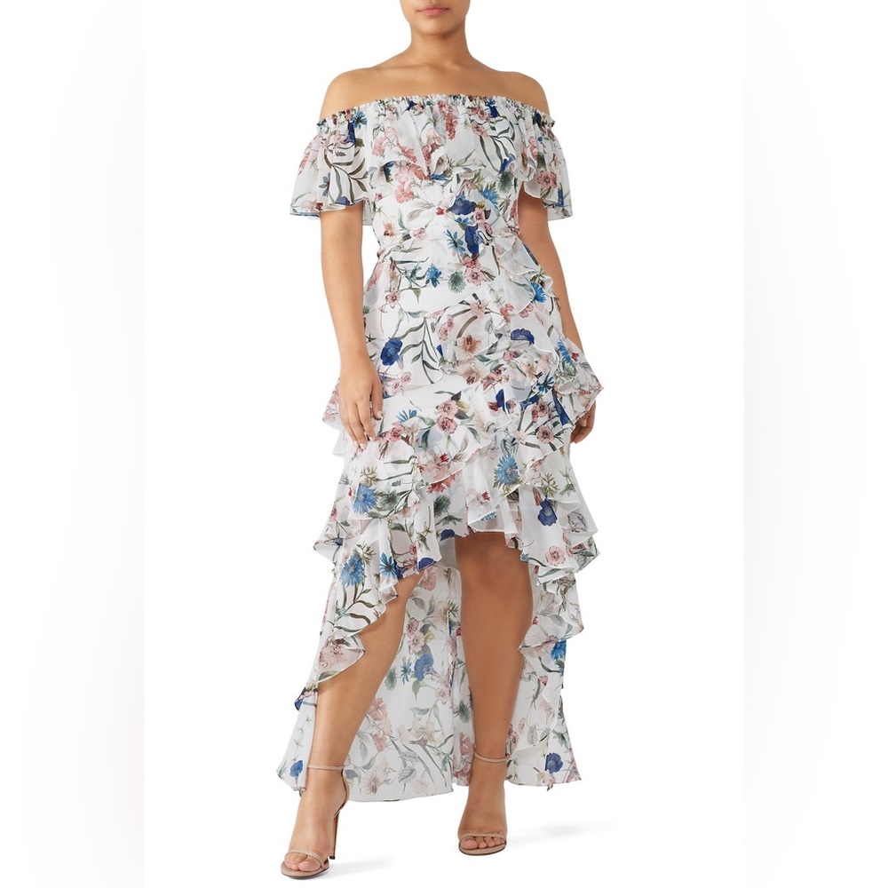 Badgley Mischka White Floral High Low Over-The-Shoulder Maxi Gown Women's Size 0